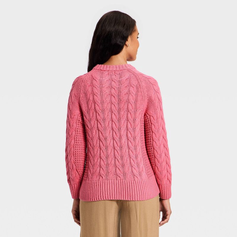 slide 2 of 3, Women's Long Sleeve Round Neck Cable Sweater - A New Day™ Pink S, 1 ct