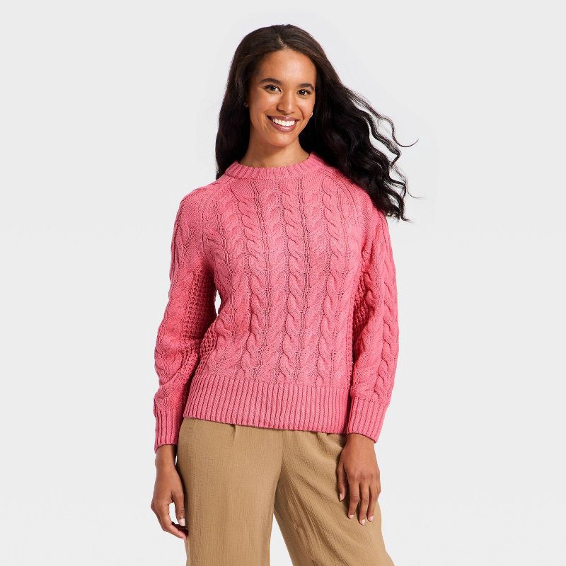 slide 1 of 3, Women's Long Sleeve Round Neck Cable Sweater - A New Day™ Pink S, 1 ct