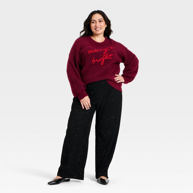slide 3 of 3, Women's Long Sleeve Crewneck Holiday Pullover Sweater - Ava & Viv™ Burgundy 2X, 1 ct