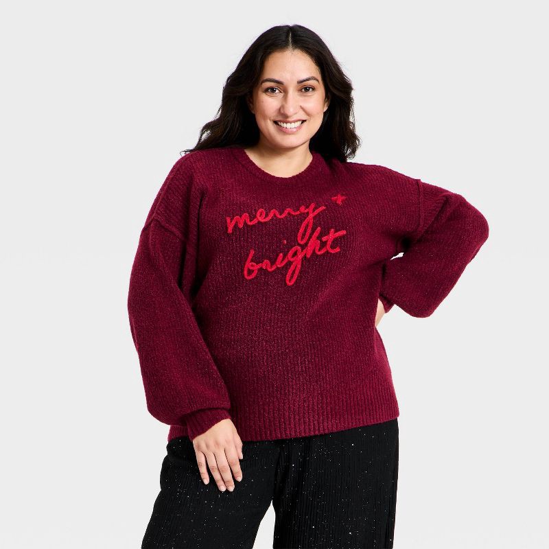 slide 1 of 3, Women's Long Sleeve Crewneck Holiday Pullover Sweater - Ava & Viv™ Burgundy 2X, 1 ct