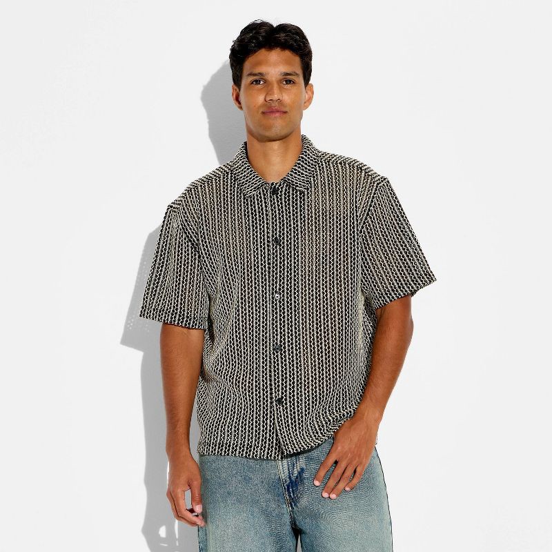 slide 2 of 3, Men's Short Sleeve Button-Up Shirt - Original Use™ Black Striped L, 1 ct