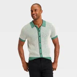 Men's Short Sleeve Full Button Sweater - Goodfellow & Co™ Cream/Green L