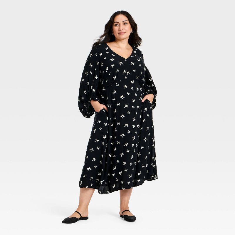 slide 3 of 3, Women's Bishop Long Sleeve Midi A-Line Dress - Ava & Viv™ Black/Cream Bow 1X, 1 ct