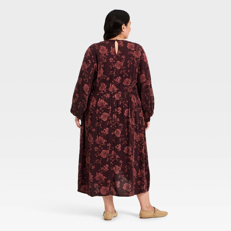 slide 2 of 3, Women's Bishop Long Sleeve Midi A-Line Dress - Ava & Viv™ Burgundy Floral XXL, 1 ct