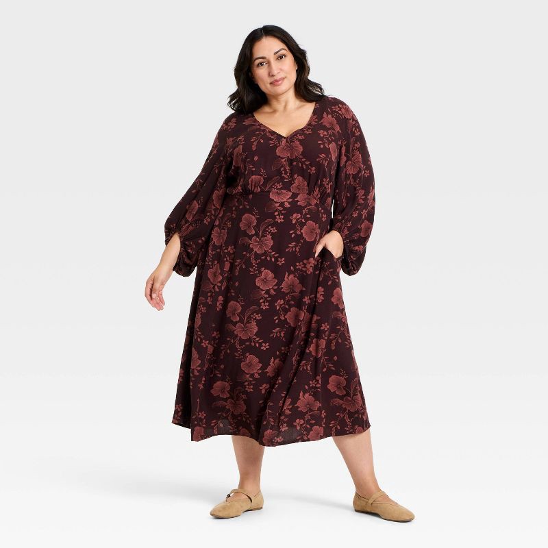 slide 1 of 3, Women's Bishop Long Sleeve Midi A-Line Dress - Ava & Viv™ Burgundy Floral 2X, 1 ct