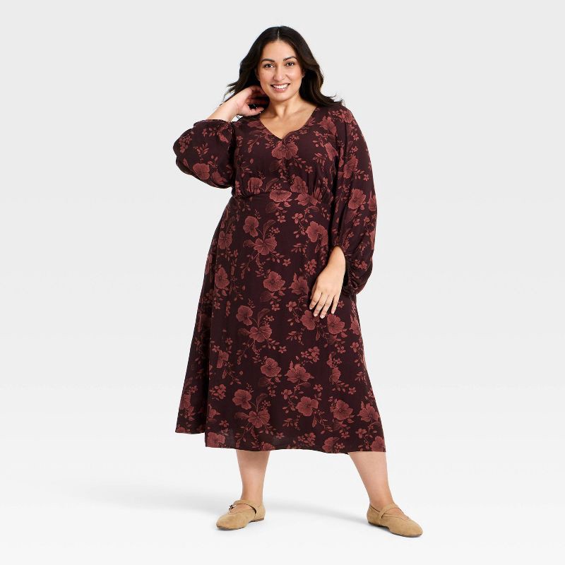 slide 3 of 3, Women's Bishop Long Sleeve Midi A-Line Dress - Ava & Viv™ Burgundy Floral 3X, 1 ct