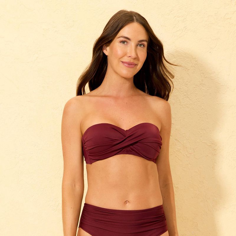 slide 1 of 5, Women's Twist-Front Bandeau Bikini Top - Shade & Shore™ Burgundy M, 1 ct