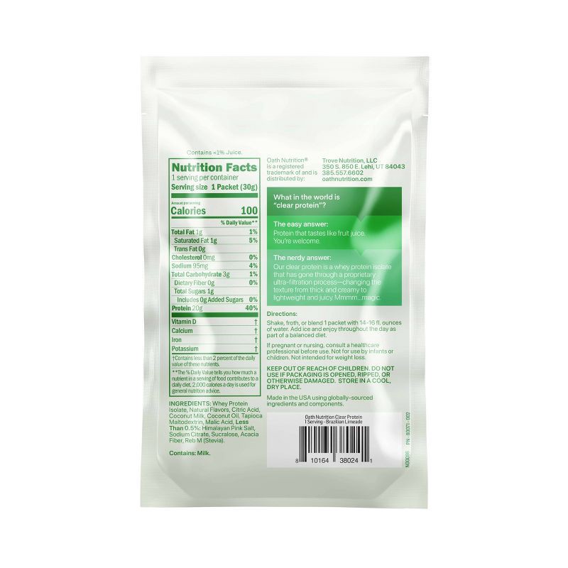 slide 2 of 6, Oath Nutrition Single Serve Clear Protein Powder - Brazilian Limade, 1 ct