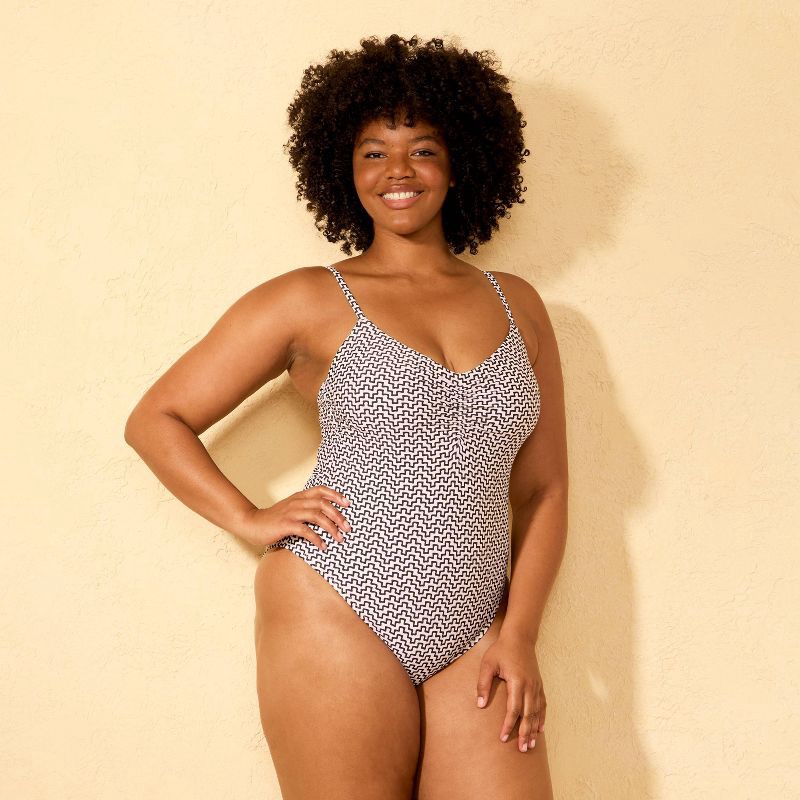 slide 4 of 5, Women's Geo Print V-Neck Shirred High Leg Medium Coverage One Piece Swimsuit - Shade & Shore™ Black/Cream S, 1 ct