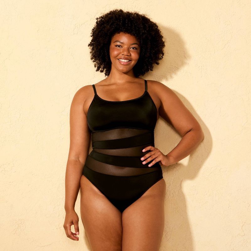 slide 4 of 5, Women's Mesh Scoop Neck Medium Coverage One Piece Swimsuit - Shade & Shore™ Black XL, 1 ct