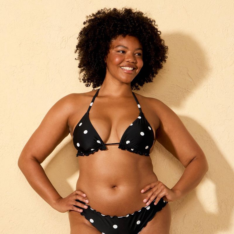 slide 4 of 5, Women's Polka Dot Ruffle Triangle Bikini Top - Shade & Shore™ Black XL, 1 ct