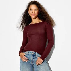 Women's Slim Fit Long Sleeve Boat Neck T-Shirt - Wild Fable™ Burgundy S