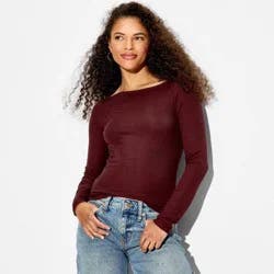Women's Slim Fit Long Sleeve Boat Neck T-Shirt - Wild Fable™ Burgundy S