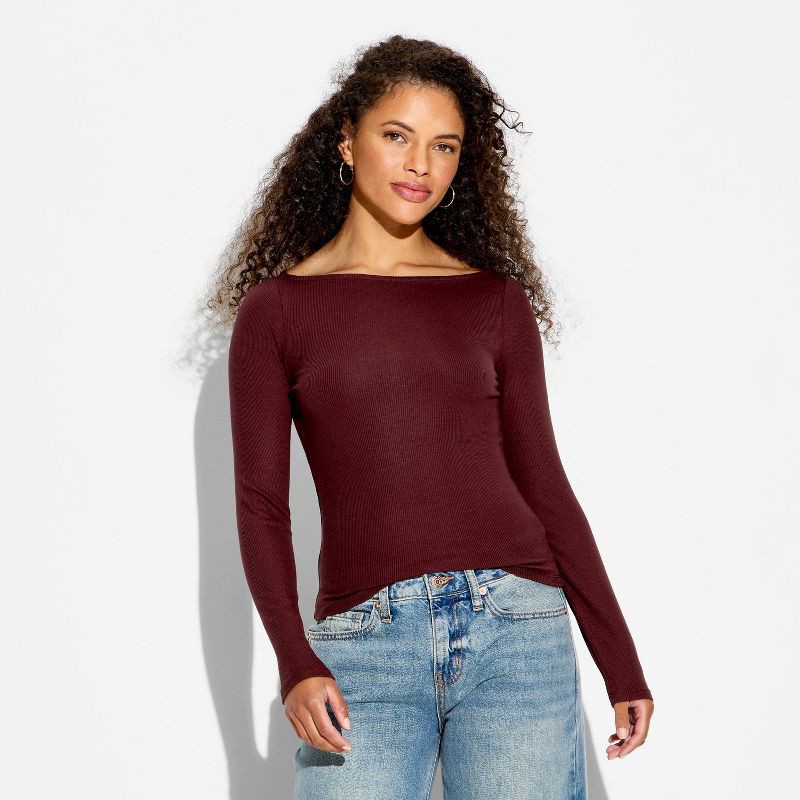 slide 2 of 4, Women's Slim Fit Long Sleeve Boat Neck T-Shirt - Wild Fable™ Burgundy M, 1 ct