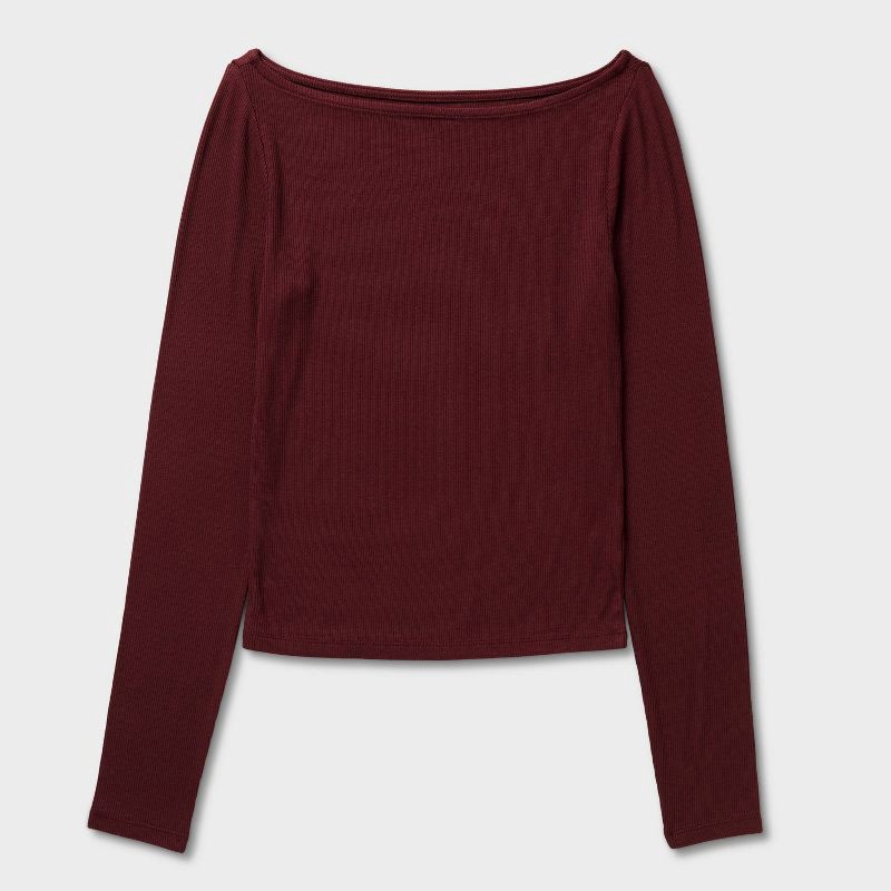 slide 4 of 4, Women's Slim Fit Long Sleeve Boat Neck T-Shirt - Wild Fable™ Burgundy M, 1 ct
