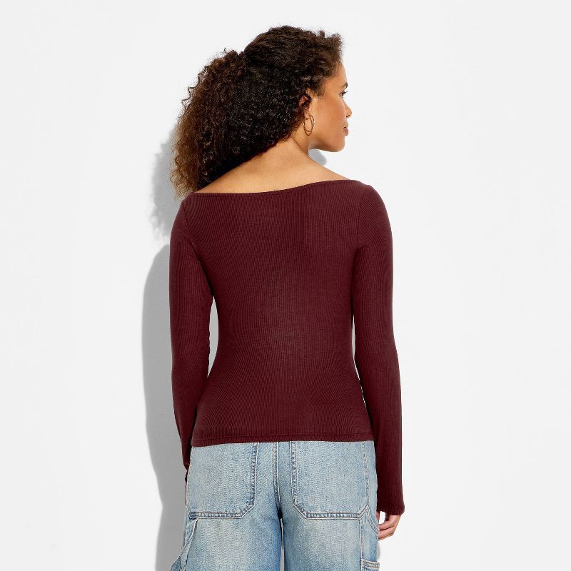 slide 3 of 4, Women's Slim Fit Long Sleeve Boat Neck T-Shirt - Wild Fable™ Burgundy L, 1 ct