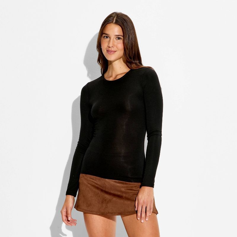 slide 2 of 4, Women's Slim Fit Long Sleeve Crewneck Long and Lean T-Shirt - Wild Fable™ Black M, 1 ct