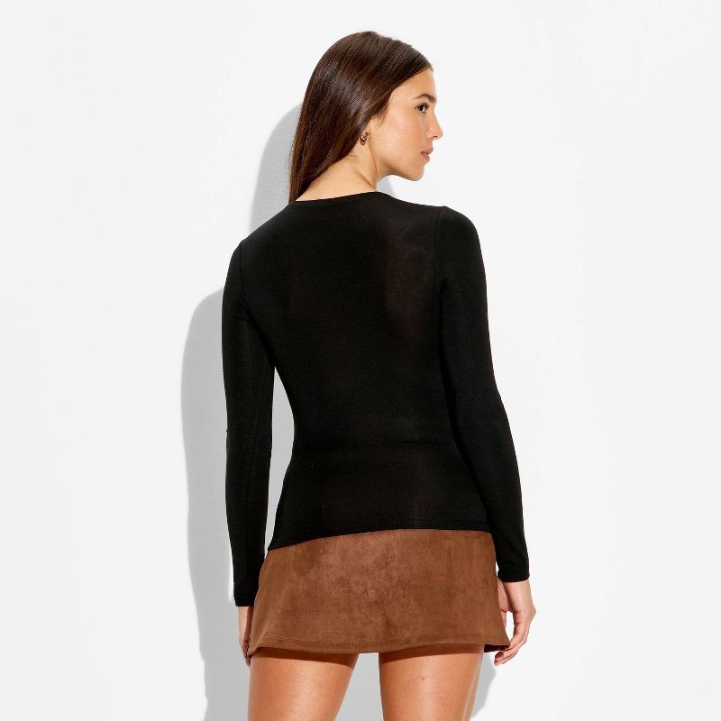 slide 3 of 4, Women's Slim Fit Long Sleeve Crewneck Long and Lean T-Shirt - Wild Fable™ Black M, 1 ct