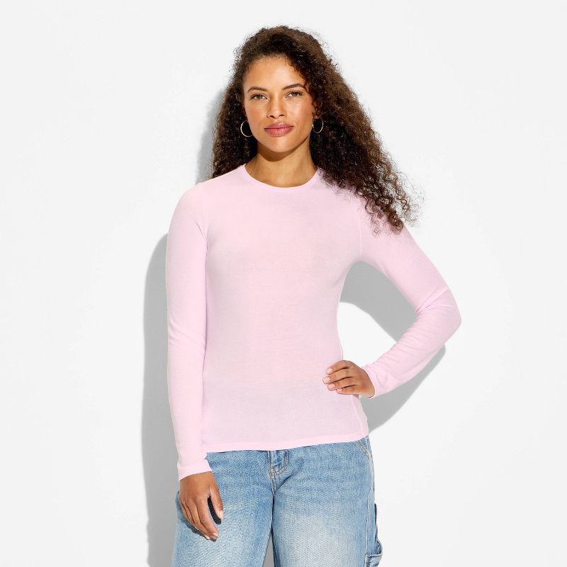 slide 2 of 4, Women's Slim Fit Long Sleeve Crewneck Long and Lean T-Shirt - Wild Fable™ Light Pink M, 1 ct
