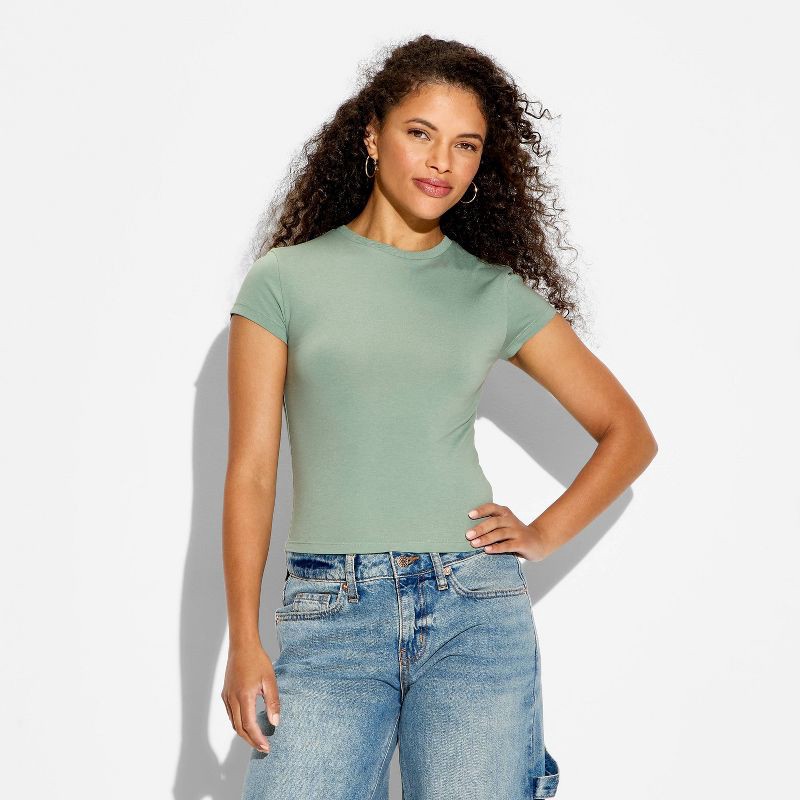 slide 2 of 4, Women's Short Sleeve Crewneck T-Shirt - Wild Fable™ Sage Green L, 1 ct