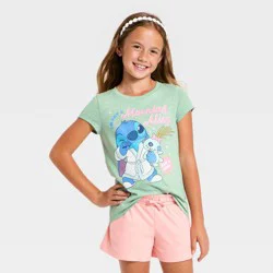 Disney Girls' Lilo & Stitch 'Not A Morning Alien' Short Sleeve Graphic T-Shirt - Green M
