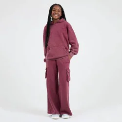 Champion Girls' Wide Leg Washed Fleece Cargo Pants - Red L