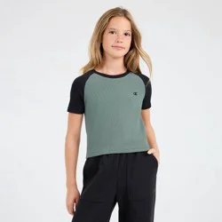 Champion Girls' Ribbed Raglan Sleeve T-Shirt - Green S