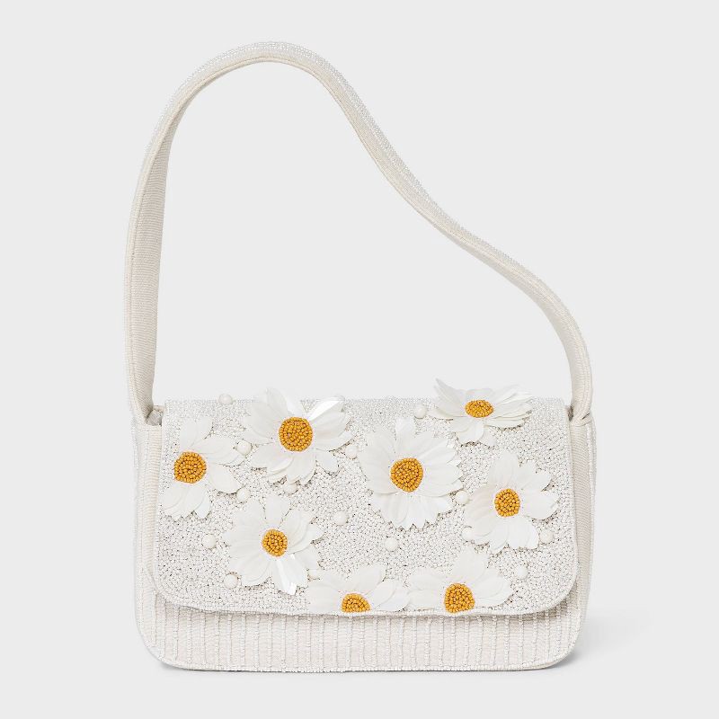 slide 1 of 5, Hand Beaded Daisy Embellished Flap Shoulder Bag - A New Day™ White, 1 ct
