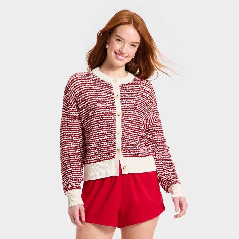 slide 1 of 3, Women's Valentine's Day Cardigan Sweater - Universal Thread™ Red Striped M, 1 ct