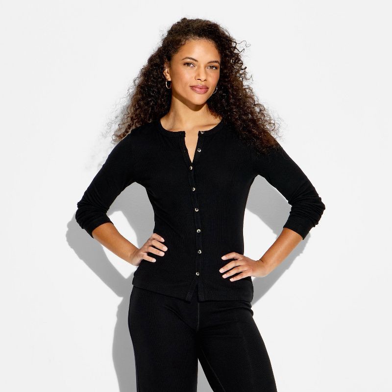 slide 2 of 3, Women's Cozy Leisure Long Sleeve Button-Down Top - Wild Fable™ Black S, 1 ct
