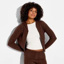 Women's Cable Zip Hoodie Cardigan - Wild Fable™ Brown M