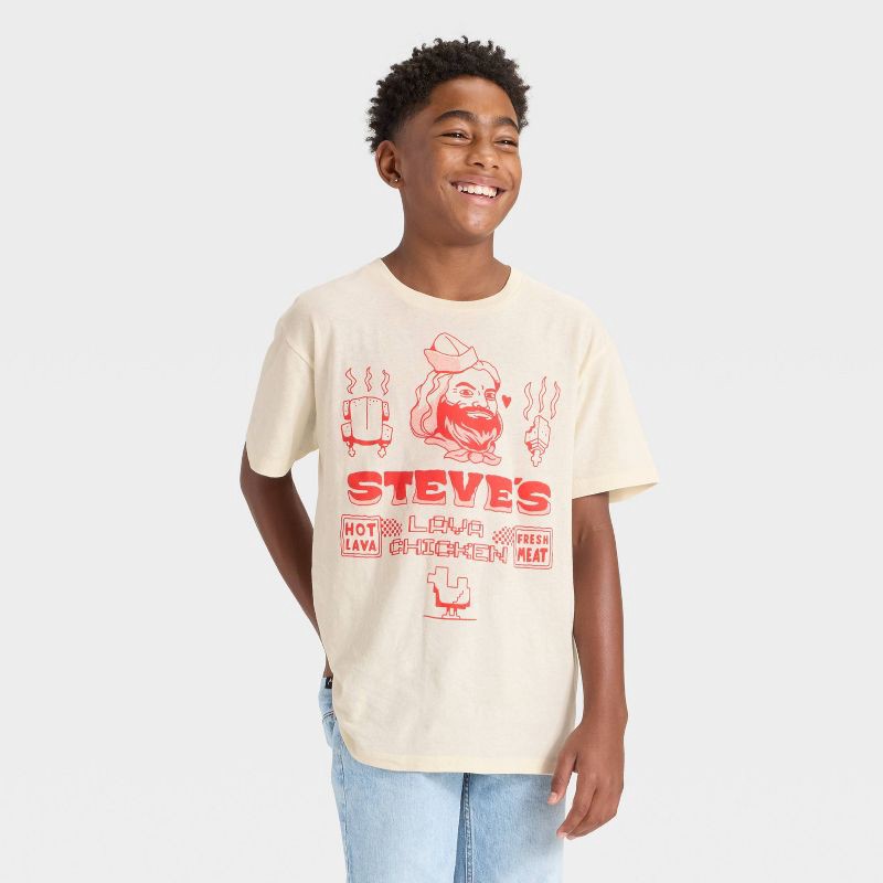 slide 1 of 4, Boys' Minecraft Lava Chicken Short Sleeve Oversized Graphic T-Shirt - Cream M, 1 ct