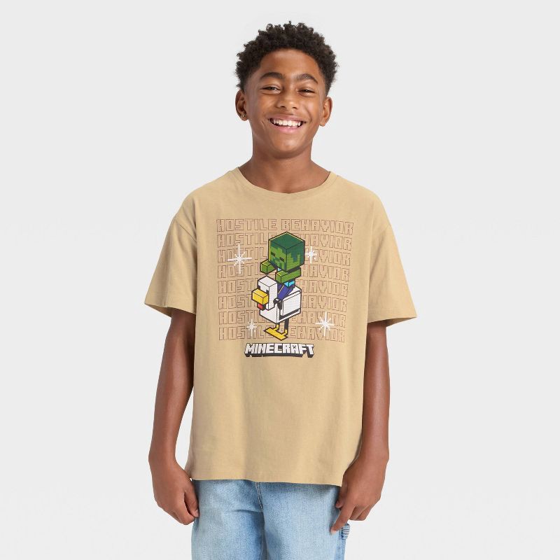 slide 1 of 4, Boys' Minecraft Chicken Jockey Short Sleeve Oversized Graphic T-Shirt - Beige XL, 1 ct