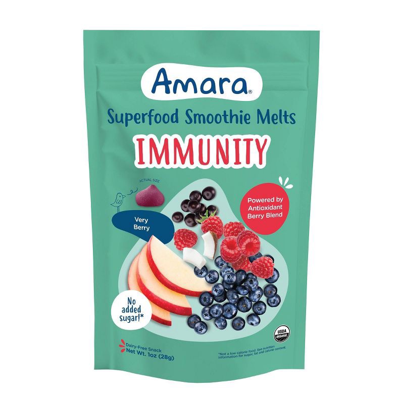 slide 1 of 6, Amara Organic Very Berry Immunity Blend Superfood Smoothie Melts - 1oz: 8 Months and Up, Pouch, Gluten-Free, Non-GMO, 1 oz