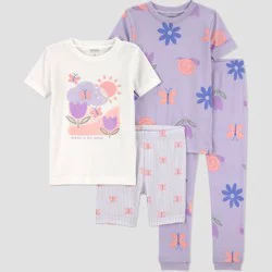 Carter's Just One You® Toddler Girls' 4pc Short Sleeve Cotton Snug Fit Flowers/Butterfly Pajama Set - Ivory/Purple 2T
