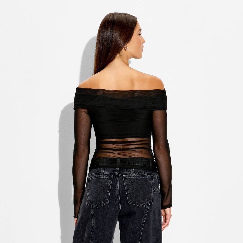 slide 3 of 4, Women's Long Sleeve Off the Shoulder Party T-Shirt - Wild Fable™ Black S, 1 ct