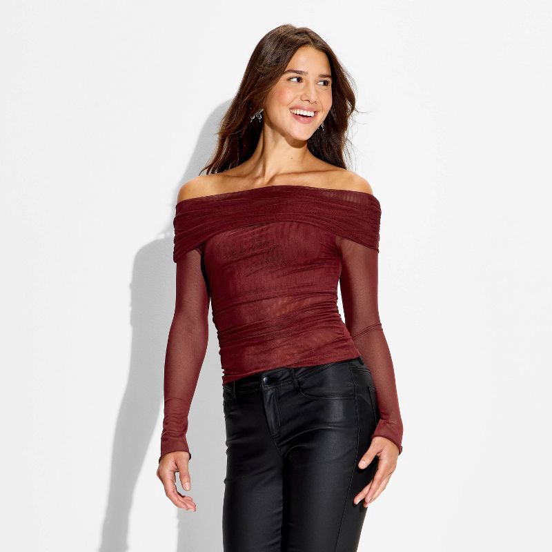 slide 2 of 4, Women's Long Sleeve Off the Shoulder Party T-Shirt - Wild Fable™ Burgundy L, 1 ct
