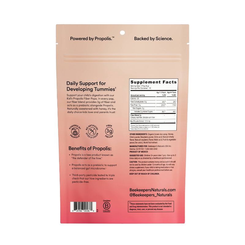 slide 2 of 8, Beekeepers Naturals Kid's Prebiotic Fiber Pops Multi-Symptom Relief Lollipop - Cherry Berry - 15ct, 15 ct