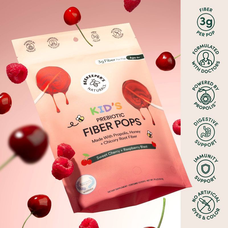 slide 3 of 8, Beekeepers Naturals Kid's Prebiotic Fiber Pops Multi-Symptom Relief Lollipop - Cherry Berry - 15ct, 15 ct