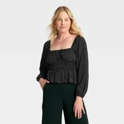 Women's Long Sleeve Ruched Top - A New Day™ Black/Cream XS
