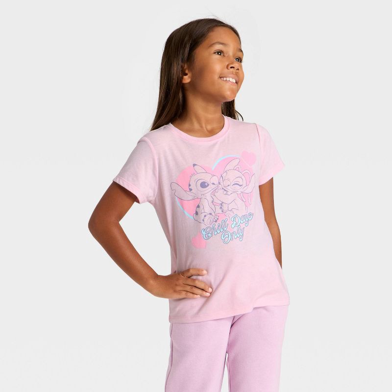slide 1 of 4, Disney Girls' Stitch and Angel 'Chill Days Only' Short Sleeve Graphic T-Shirt - Light Pink XL, 1 ct