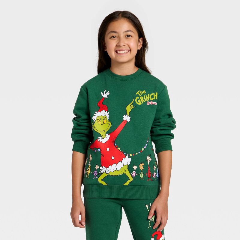 slide 4 of 5, Kids' Dr. Seuss The Grinch Evergreen Fleece Graphic Sweatshirt - Dark Green XS, 1 ct