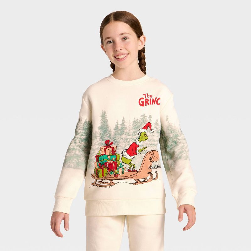 slide 2 of 3, Kids' Dr. Seuss The Grinch Fleece Graphic Sweatshirt - Cream XL, 1 ct