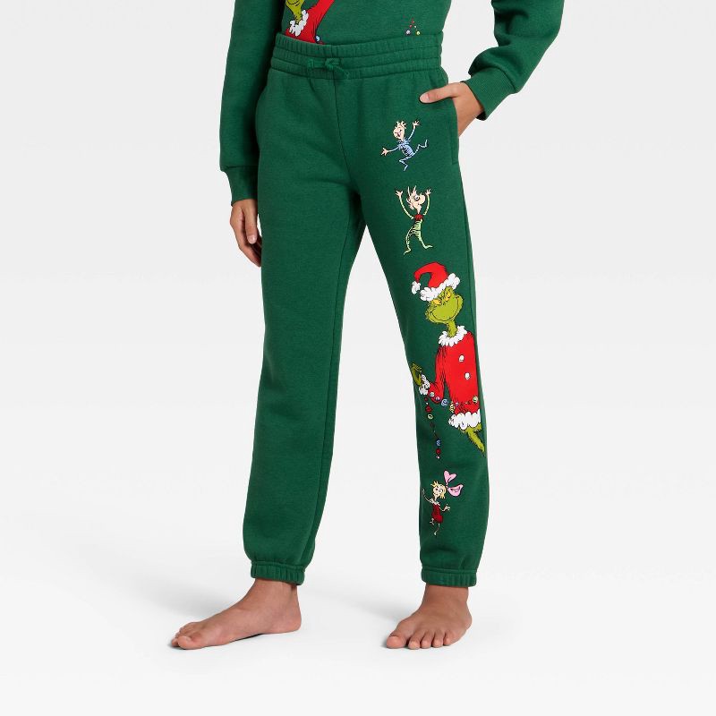 slide 4 of 5, Kids' Dr. Seuss The Grinch Evergreen Fleece Sweatpants - Dark Green XL, 1 ct