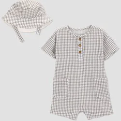 Carter's Just One You® Baby Boys' 2pc Gingham Romper and Hat Set - Gray Newborn