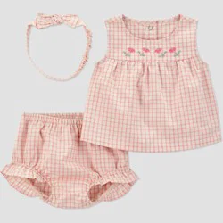 Carter's Just One You® Baby Girls' 3pc Gingham Floral Tank Top with Bloomer & Headband Set - Peach Orange/Pink Newborn