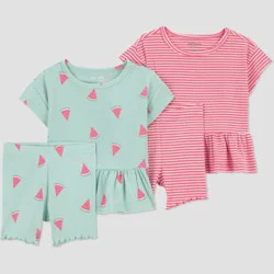 Carter's Just One You® Baby Girls' 4pc Stripe Watermelon T-Shirt and Bike Shorts Set - Green/Pink 9M