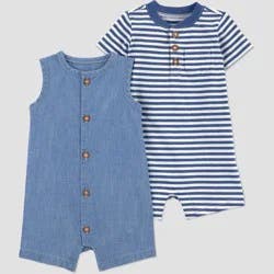 Carter's Just One You® Baby Boys' 2pk Chambray and Striped Romper - Blue/Navy Blue 6M
