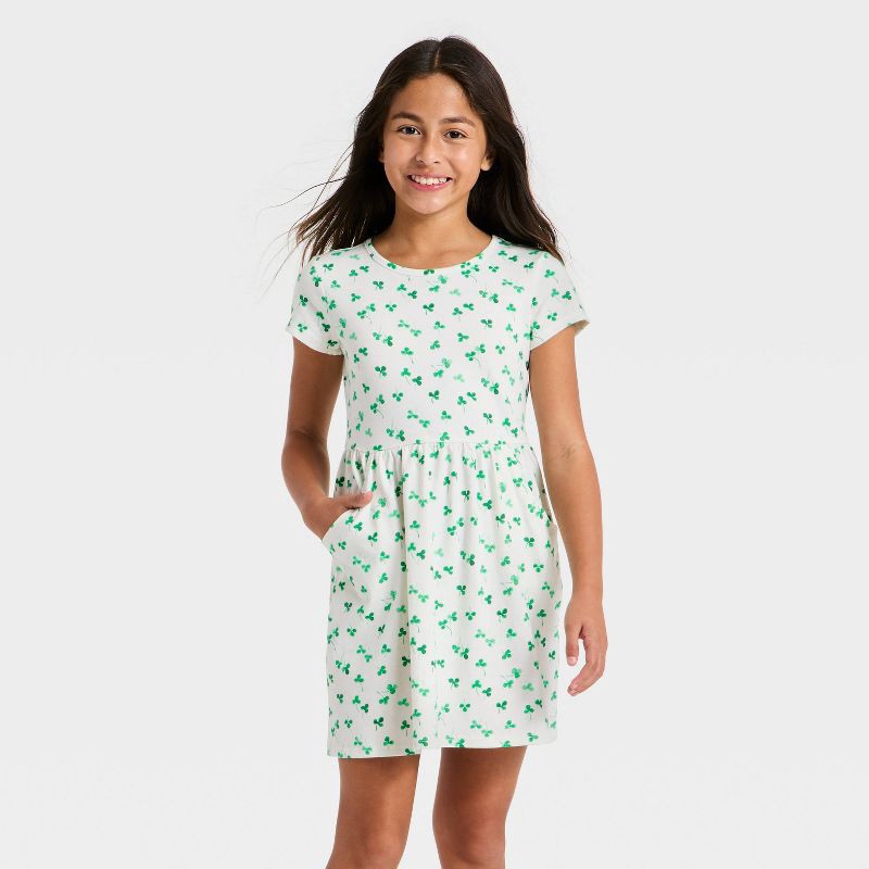 slide 1 of 3, Girls' Short Sleeve St Patrick's Day Shamrock Dress - Cat & Jack™ Cream M, 1 ct
