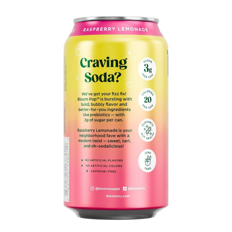 slide 7 of 8, BLOOM NUTRITION Bloom Pop Prebiotic Soda - Raspberry Lemonade - 12 fl oz Can, 12 fl oz